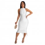 White Women Sleeveless Pleated Sexy Party Evening Backless Formal Occasion Midi Dress