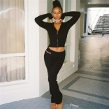 Black Long Sleeve Hoody Pullover Women's Knitted Sweaters Pants Jumpsuit Dress Sets