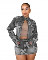 Black Women's Embroidered Denim Dresses Sets Long Sleeve Zipper Jeans Jacket Dress Sets