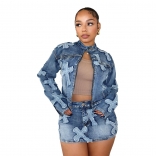 Blue Women's Embroidered Denim Dresses Sets Long Sleeve Zipper Jeans Jacket Dress Sets