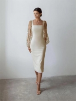 White Women's Mesh Long Sleeve Embroidery Boat Neck Bodycon Midi Dress