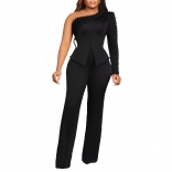 Black Women's Formal Pearls One Long Sleeve Tops Twinset Commuter Uniforms Jumpsuit Dress