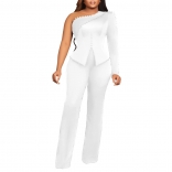 White Women's Formal Pearls One Long Sleeve Tops Twinset Commuter Uniforms Jumpsuit Dress