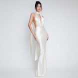 White Women Halter Straps Deep V-Neck Long Dress Satins Prom Party Evening Clothing