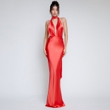 Red Women Halter Straps Deep V-Neck Long Dress Satins Prom Party Evening Clothing