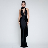 Black Women Halter Straps Deep V-Neck Long Dress Satins Prom Party Evening Clothing