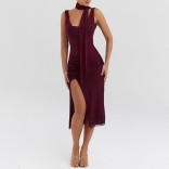 WineRed Straps Sleeveless Mesh Forals Split Party Midi Dress