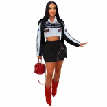 Black Women's Long Sleeve Retro Motorcycle Baseball Jersey Zipper Sexy Pants Dress Sets