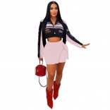 Pink Women's Long Sleeve Retro Motorcycle Baseball Jersey Zipper Sexy Pants Dress Sets