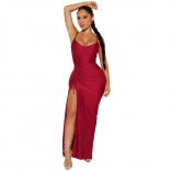 Red Straps Women Low-Cut V-Neck Sexy Pleated Party Prom Bandage Long Dress