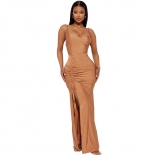 Khaki Straps Women Low-Cut V-Neck Sexy Pleated Party Prom Bandage Long Dress