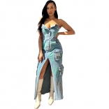 Blue Off-Shoulder Women's Button Denim Pocket Jeans Causal Long Dress