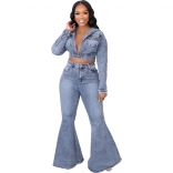 Blue Long Sleeve Button Crop Tops Denim Fashion Jumpsuit Sets