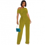 Green Off-Shoulder Halter Pleated Sexy Tops Casual Women Pant Jumpsuit Dress Sets