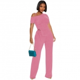 Pink Off-Shoulder Halter Pleated Sexy Tops Casual Women Pant Jumpsuit Dress Sets