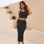 Black Straps Women's Low-Cut Tank Top Rhomb Knitted Sexy Split Evening Midi Dress