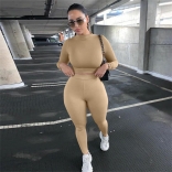 Khaki Women's Long Sleeve O-Neck Crop Top Bodycon Sexy Slim Fit Pant Set Jumpsuit Dress