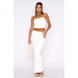 White Off-Shoulder Elastic Bubble Crop Top Bodycon Pants Casual Midi Dress