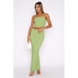 Green Off-Shoulder Elastic Bubble Crop Top Bodycon Pants Casual Midi Dress