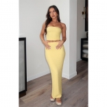 Yellow Off-Shoulder Elastic Bubble Crop Top Bodycon Pants Casual Midi Dress