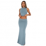 Blue Short Sleeve Women Solid Crop Top Bodycon Casual Fashion Long Dresses Set