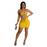 Yellow Women Halter Mesh See-through Rhinestones Bodycon Evening Party Mini Dress