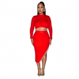 Red Women's Long Sleeve Diamonds Tassels Crop Top Bodycons Split Party Midi Dress