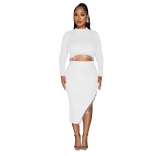 White Women's Long Sleeve Diamonds Tassels Crop Top Bodycons Split Party Midi Dress