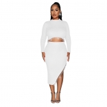 White Women's Long Sleeve Diamonds Tassels Crop Top Bodycons Split Party Midi Dress