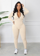 Beige Women Long Sleeve Zipper Casual Striped Bodycon Sexy Sports Jumpsuit