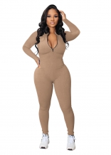 Khaki Women Long Sleeve Zipper Casual Striped Bodycon Sexy Sports Jumpsuit