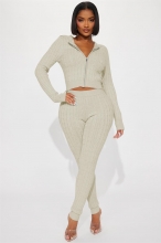 Beige Womenn Long Sleeve Zipper Sweaters Hooded Top Knitted Cotton Pants Jumpsuit Dress