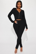 Black Womenn Long Sleeve Zipper Sweaters Hooded Top Knitted Cotton Pants Jumpsuit Dress