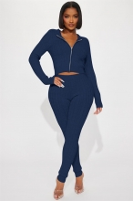 Navy Womenn Long Sleeve Zipper Sweaters Hooded Top Knitted Cotton Pants Jumpsuit Dress