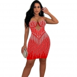 Red Women Sexy Low Cut Diamonds Pearls Bra Mesh Bodycon Party Mini Dress