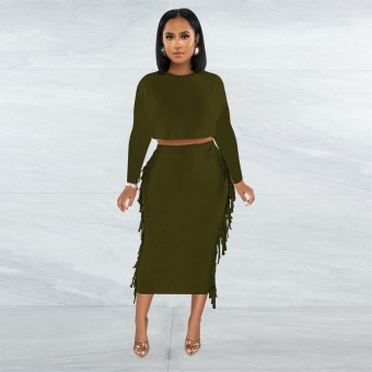 Green Women's Long Sleeve O-Neck Tops Tassels Bodycon Midi Formal Dress