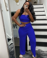 Blue Off-Shoulder Sleeveless Women Wrap Top Fashion Street OL Jumpsuit Dress Set