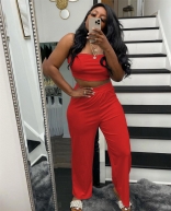 Red Off-Shoulder Sleeveless Women Wrap Top Fashion Street OL Jumpsuit Dress Set