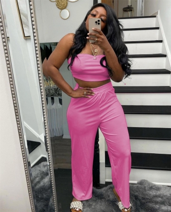 Pink Off-Shoulder Sleeveless Women Wrap Top Fashion Street OL Jumpsuit Dress Set