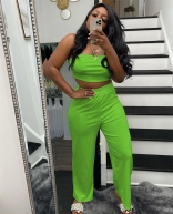 Green Off-Shoulder Sleeveless Women Wrap Top Fashion Street OL Jumpsuit Dress Set