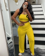 Yellow Off-Shoulder Sleeveless Women Wrap Top Fashion Street OL Jumpsuit Dress Set