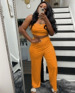 Orange Off-Shoulder Sleeveless Women Wrap Top Fashion Street OL Jumpsuit Dress Set