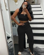 Black Off-Shoulder Sleeveless Women Wrap Top Fashion Street OL Jumpsuit Dress Set