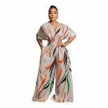 Beige Short Sleeve V-Neck Printed Fashion Slim Fit Fashion Jumpsuits