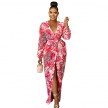 Red Women Printed Deep V-Neck Long Sleeve Fashion Vintage Long Dress