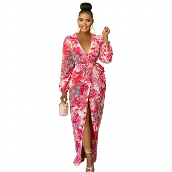 Red Women Printed Deep V-Neck Long Sleeve Fashion Vintage Long Dress