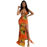 Orange Women Printed Sleeveless Halter Hollow-out Sexy Summer Fashion Long Club Dress