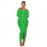 Green Off-Shoulder Mesh Wave Long Sleeve Women See Through Party Long Dress