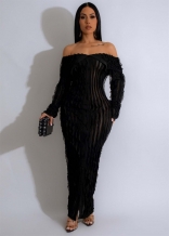 Black Off-Shoulder Mesh Wave Long Sleeve Women See Through Party Long Dress