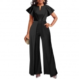 Black Ruffles Sleeve V-Neck Slim Fit Women Sexy Jumpsuit Dress